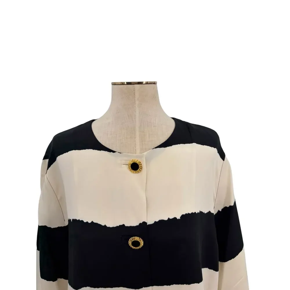 Marina‎ Rinaldi Silk Stripe Button Front Top Black Ivory Italy US 16 25
